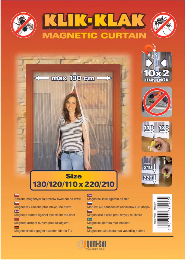 Zasłona magnetyczna na drzwi 130x220 cm zamontowana na szerokich drzwiach