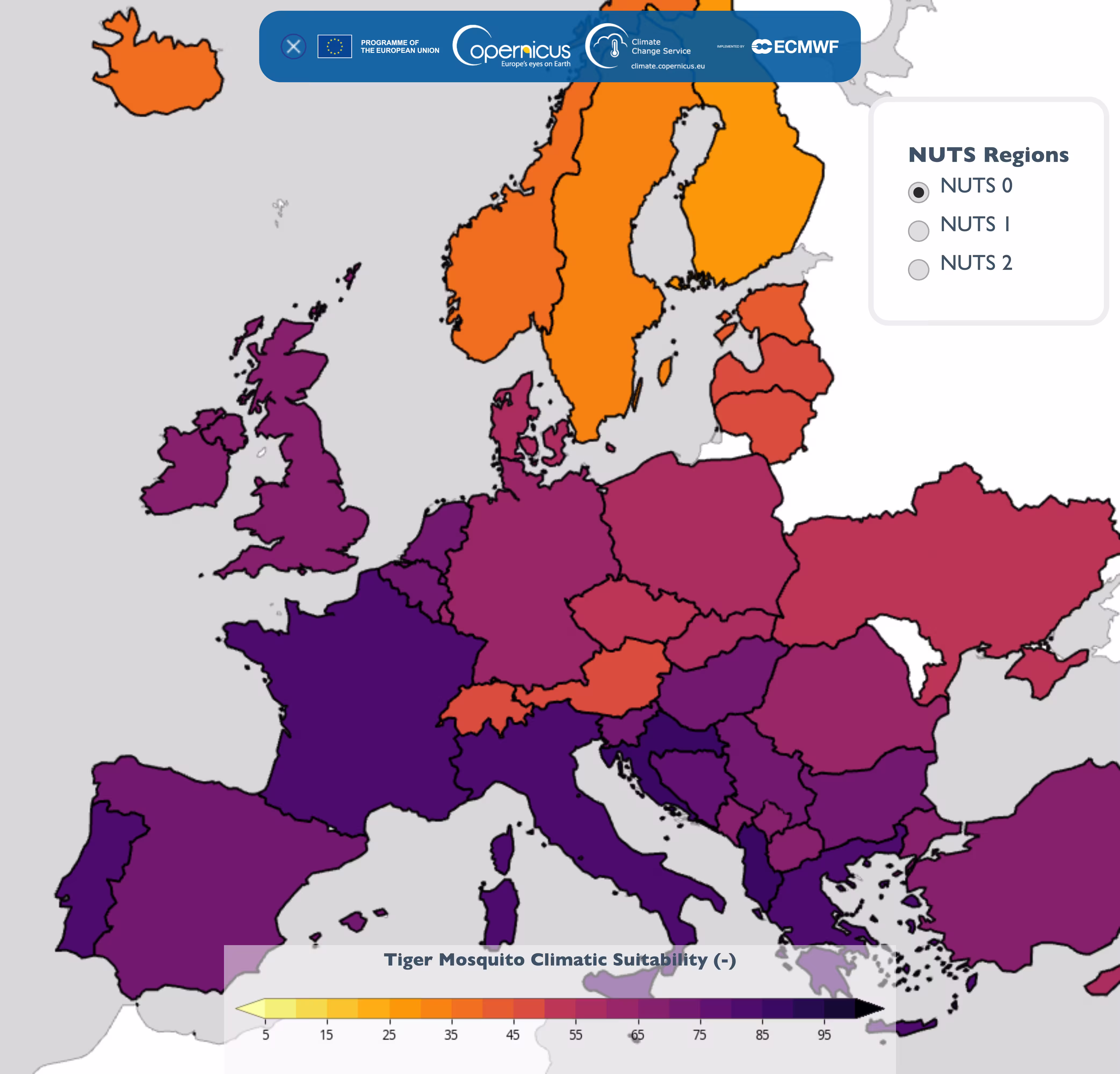 Mapa Europy pokazująca wskaźnik przydatności siedlisk dla komara tygrysiego — prognoza rozprzestrzeniania się gatunku